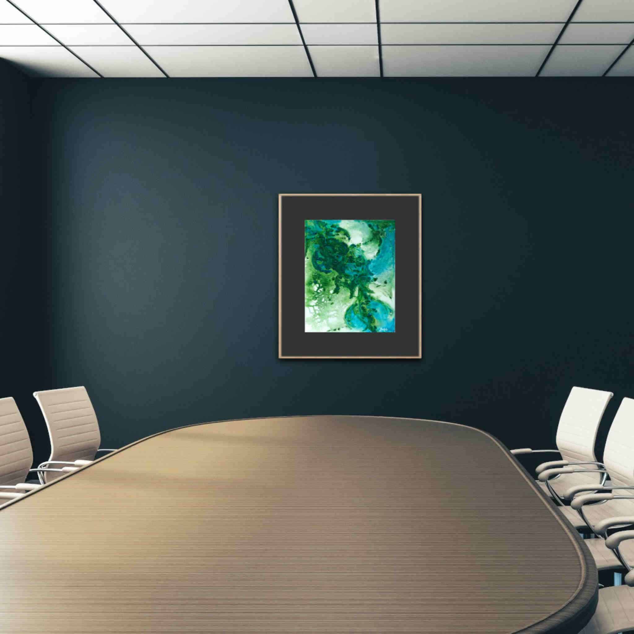 Abstract green and blue artwork by Bela Aleksandra displayed in a modern meeting room — symbol of calm, flow, and the capybara art of living.