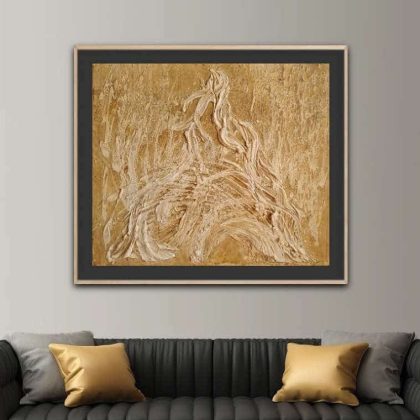 Textured abstract painting by BelA exploring Vinča wisdom, wolf symbolism, instinct, rhythm, and the return to balance.