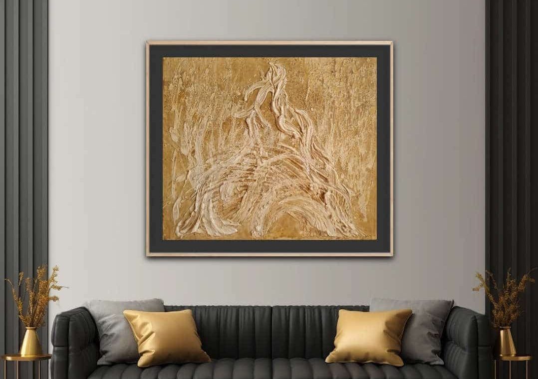 Textured abstract painting by BelA exploring Vinča wisdom, wolf symbolism, instinct, rhythm, and the return to balance.
