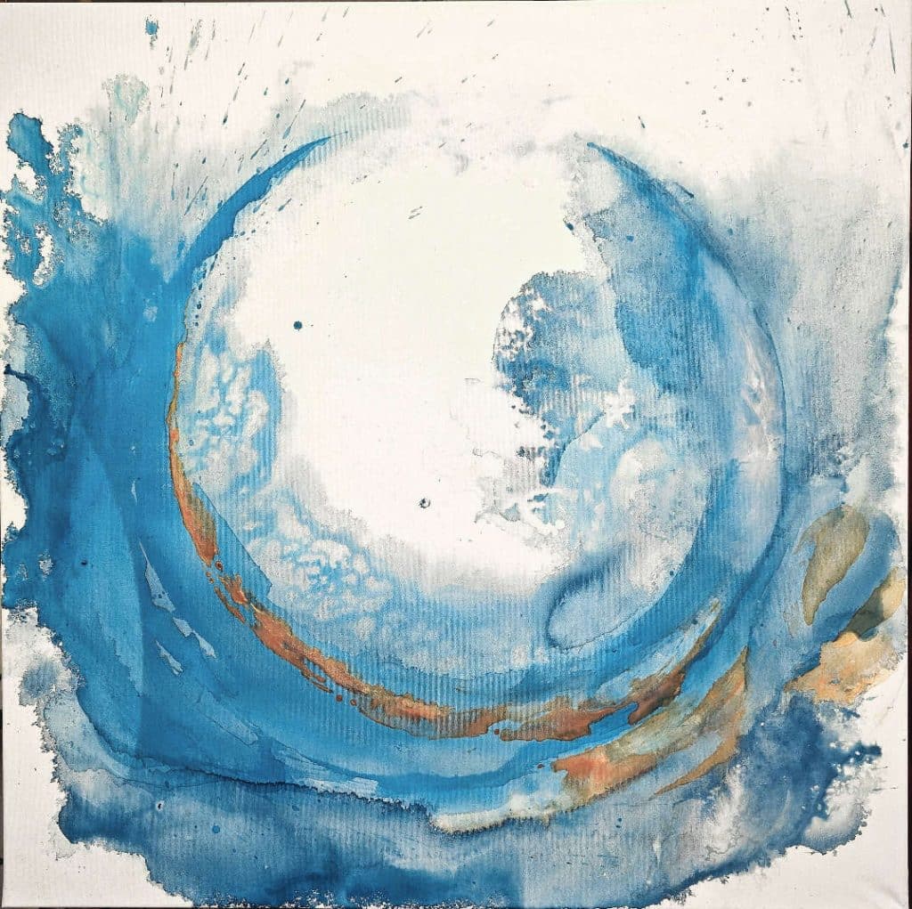 Large contemporary abstract painting in blue and earth tones, circular fluid composition, acrylic on stretched canvas 100 x 100 cm, by Bela Aleksandra, intuitive expressionist artwork inspired by flow, silence and inner balance.