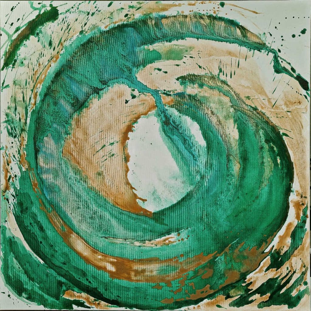 Green abstract fluid painting on canvas 100 x 100 cm, contemporary acrylic artwork by Bela Aleksandra, organic flowing composition in mineral and earth tones, modern abstract wall art inspired by natural rhythm and continuity.