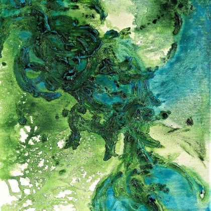 Green abstract painting on canvas 40x50 cm, contemporary fluid acrylic artwork by Bela Aleksandra inspired by inner flow, nature and Vinča symbolism.