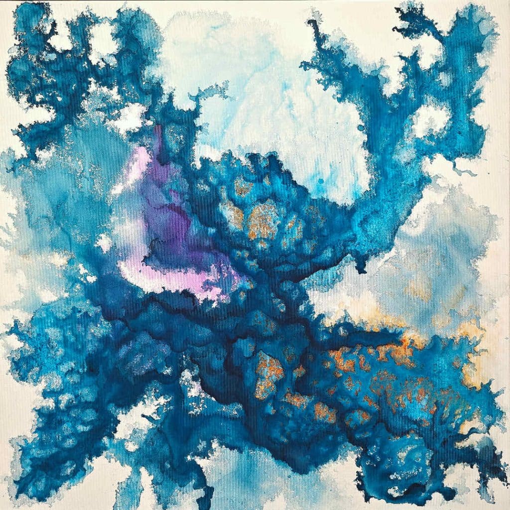 Large contemporary abstract painting in blue and earth tones, circular fluid composition, acrylic on stretched canvas 100 x 100 cm, by Bela Aleksandra, intuitive expressionist artwork inspired by flow, silence and inner balance.