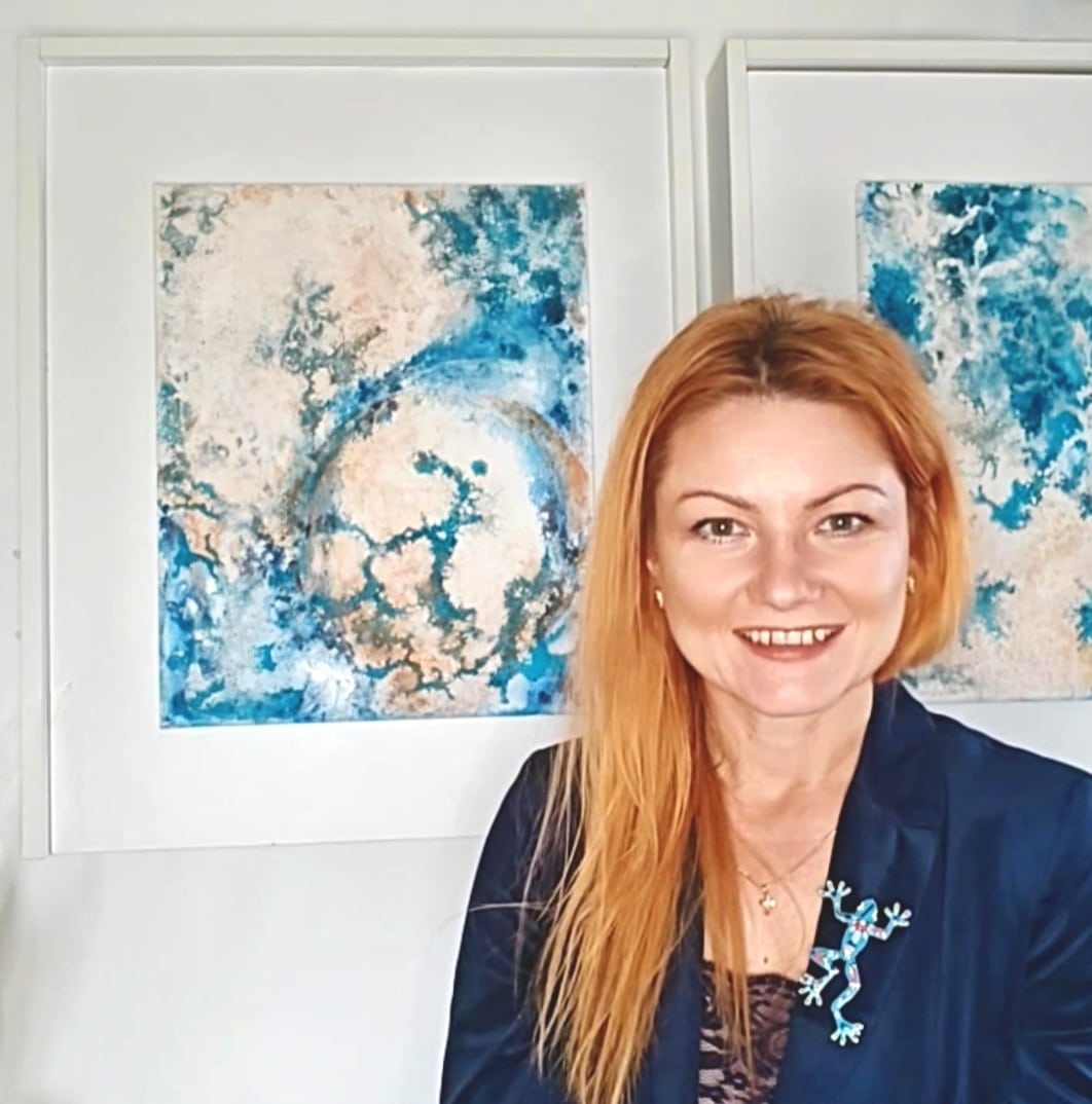 Memory of a World Without Conflict, contemporary painting by Serbian artist Aleksandra Bjelica inspired by the Vinča civilization and themes of peace and coexistence