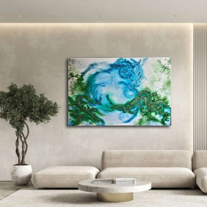 Living Flow, original abstract acrylic painting by Bela Aleksandra featuring flowing blue and green organic forms inspired by natural rhythms, continuity, and interconnected living systems