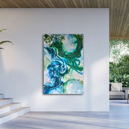 Flowing Through Touch, original abstract acrylic painting by Bela Aleksandra featuring intertwined blue and green organic forms inspired by connection, continuity, and living systems
