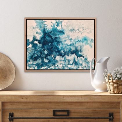 Emerging Presence, original blue abstract acrylic painting by Bela Aleksandra featuring fluid movement, atmospheric layers, and themes of perception and presence.