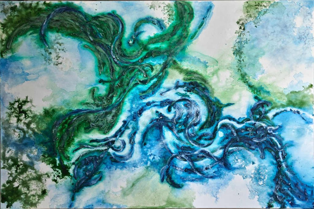 Flowing Through Touch, original abstract acrylic painting by Bela Aleksandra featuring intertwined blue and green organic forms inspired by connection, continuity, and living systems