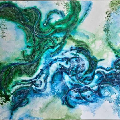 Flowing Through Touch, original abstract acrylic painting by Bela Aleksandra featuring intertwined blue and green organic forms inspired by connection, continuity, and living systems