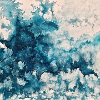 Emerging Presence, original blue abstract acrylic painting by Bela Aleksandra featuring fluid movement, atmospheric layers, and themes of perception and presence.