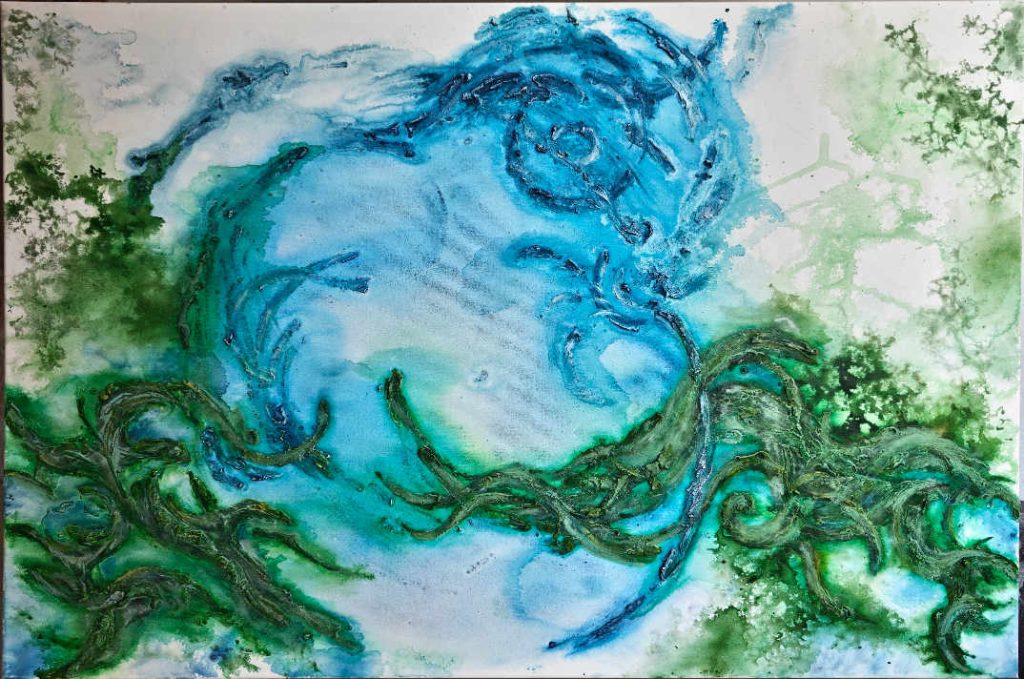 Living Flow, original abstract acrylic painting by Bela Aleksandra featuring flowing blue and green organic forms inspired by natural rhythms, continuity, and interconnected living systems
