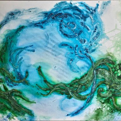 Living Flow, original abstract acrylic painting by Bela Aleksandra featuring flowing blue and green organic forms inspired by natural rhythms, continuity, and interconnected living systems